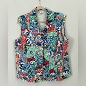 Koret Denim Paisley Vest Womens Size16 Button Front Pockets Stretch